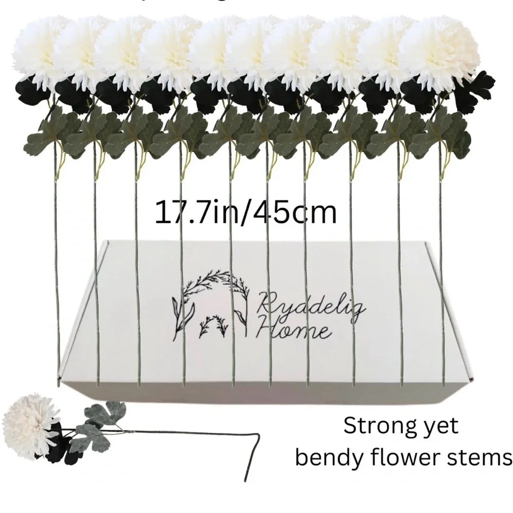 NIB Ryddelig Home Faux Chrysanthemums Large Kiku Florals,10 Stems,White,Silk